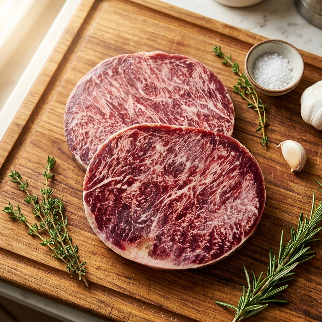 Rib Eye Hokubee với thảo mộc và tỏi trên thớt gỗ