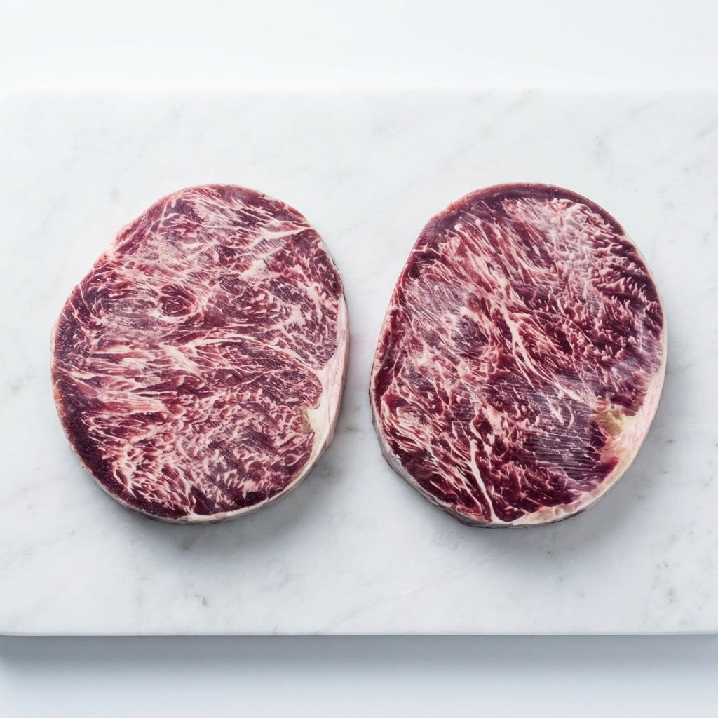 Rib Eye Hokubee vân mỡ wagyu trên nền marble - hình thật